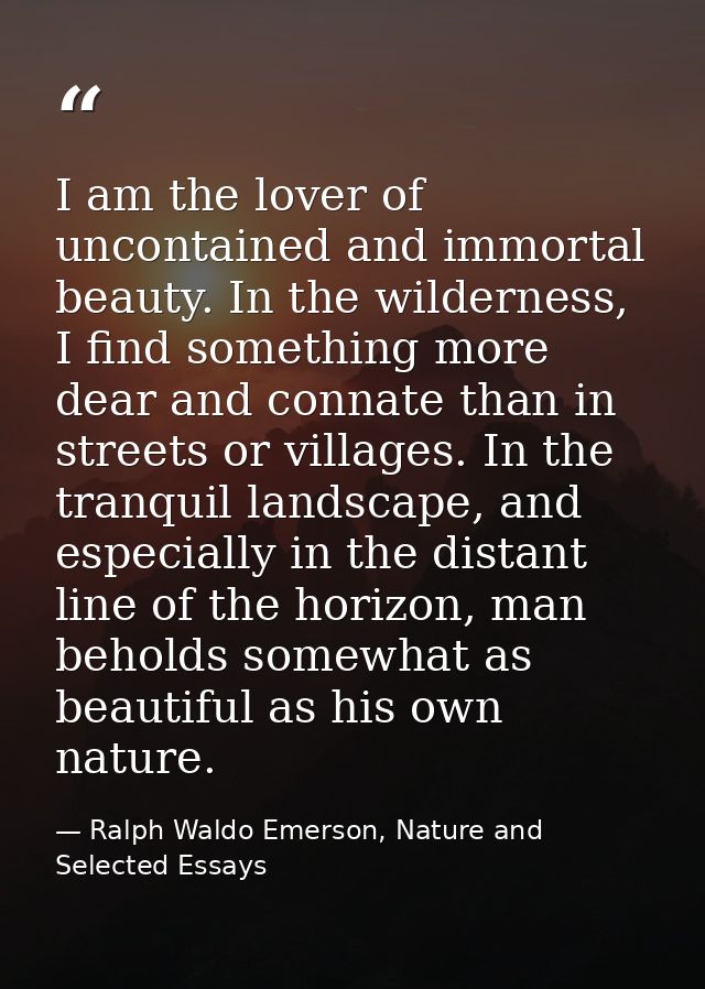 I am the lover of uncontained and immortal beauty. In the wilderness, I find something more dear and connate than in str — Ralph Waldo Emerson, Nature and Selected Essays