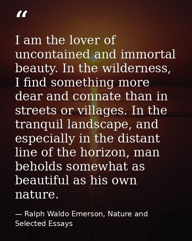 I am the lover of uncontained and immortal beauty. In the wilderness, I find something more dear and connate than in str — Ralph Waldo Emerson, Nature and Selected Essays
