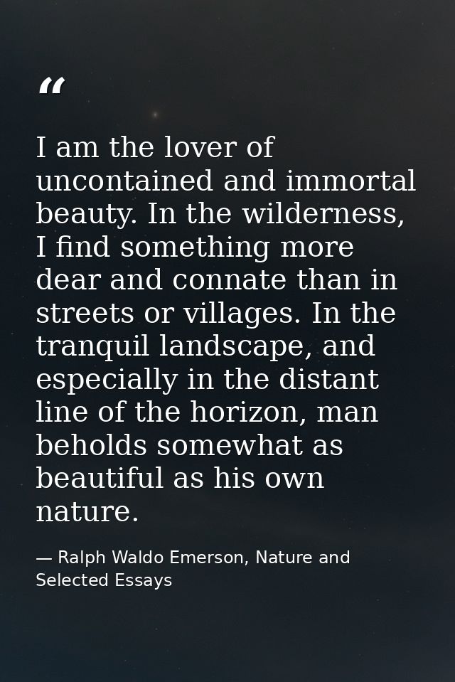 I am the lover of uncontained and immortal beauty. In the wilderness, I find something more dear and connate than in str — Ralph Waldo Emerson, Nature and Selected Essays