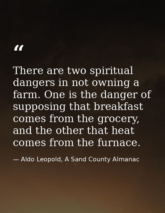 There are two spiritual dangers in not owning a farm. One is the danger of supposing that breakfast comes from the groce — Aldo Leopold, A Sand County Almanac