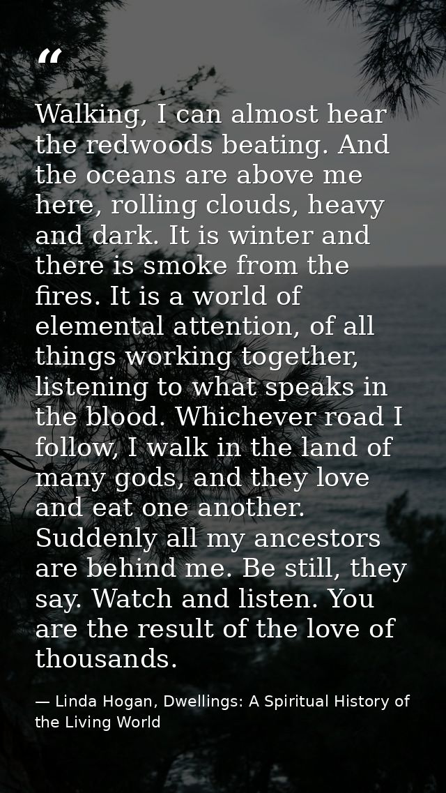 Walking, I can almost hear the redwoods beating. And the oceans are above me here, rolling clouds, heavy and dark. It is — Linda Hogan, Dwellings: A Spiritual History of the Living World