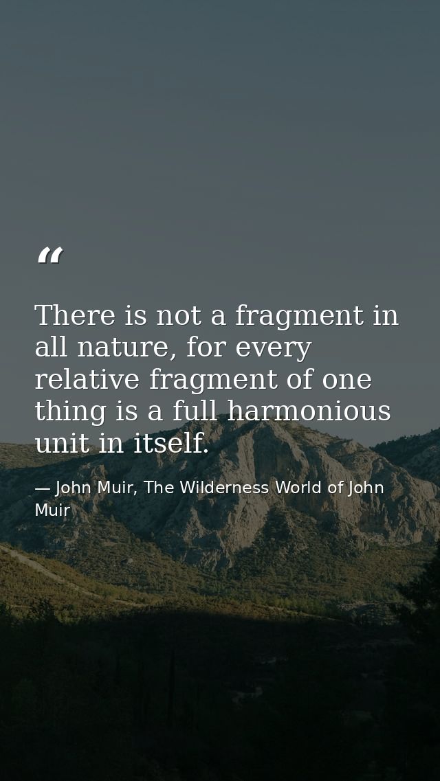 There is not a fragment in all nature, for every relative fragment of one thing is a full harmonious unit in itself. — John Muir, The Wilderness World of John Muir