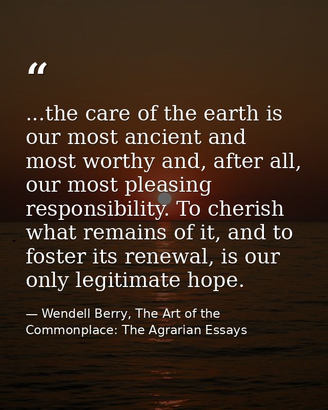 ...the care of the earth is our most ancient and most worthy and, after all, our most pleasing responsibility. To cheris — Wendell Berry, The Art of the Commonplace: The Agrarian Essays