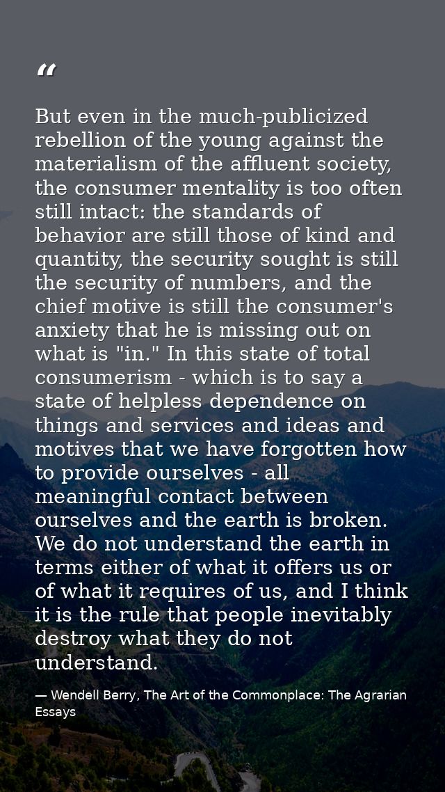 But even in the much-publicized rebellion of the young against the materialism of the affluent society, the consumer men — Wendell Berry, The Art of the Commonplace: The Agrarian Essays