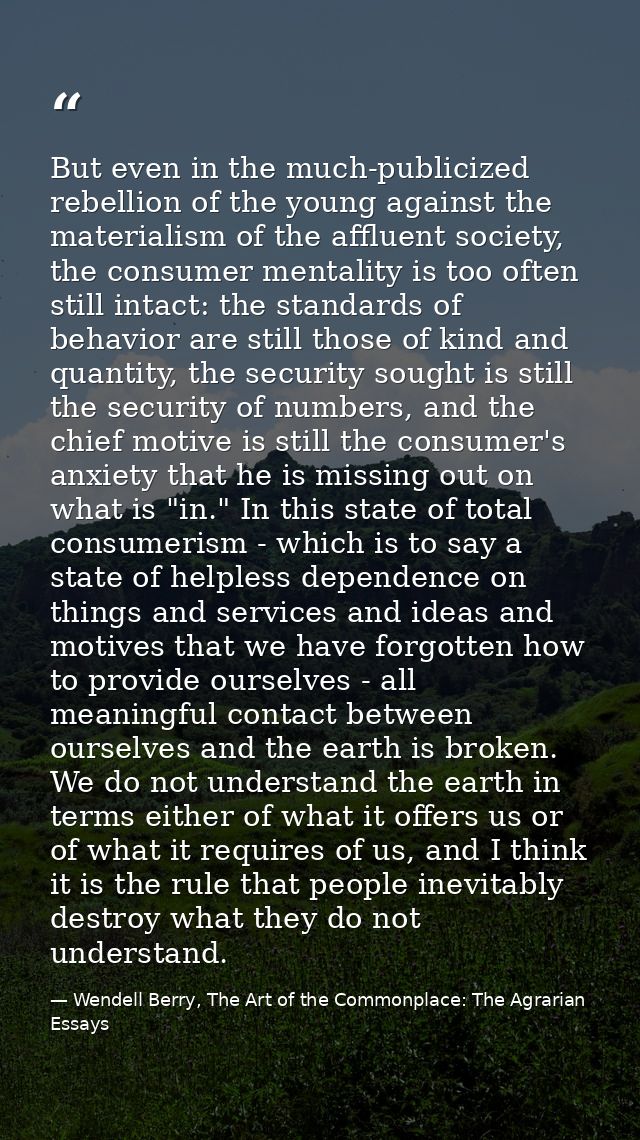 But even in the much-publicized rebellion of the young against the materialism of the affluent society, the consumer men — Wendell Berry, The Art of the Commonplace: The Agrarian Essays