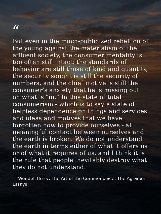 But even in the much-publicized rebellion of the young against the materialism of the affluent society, the consumer men — Wendell Berry, The Art of the Commonplace: The Agrarian Essays