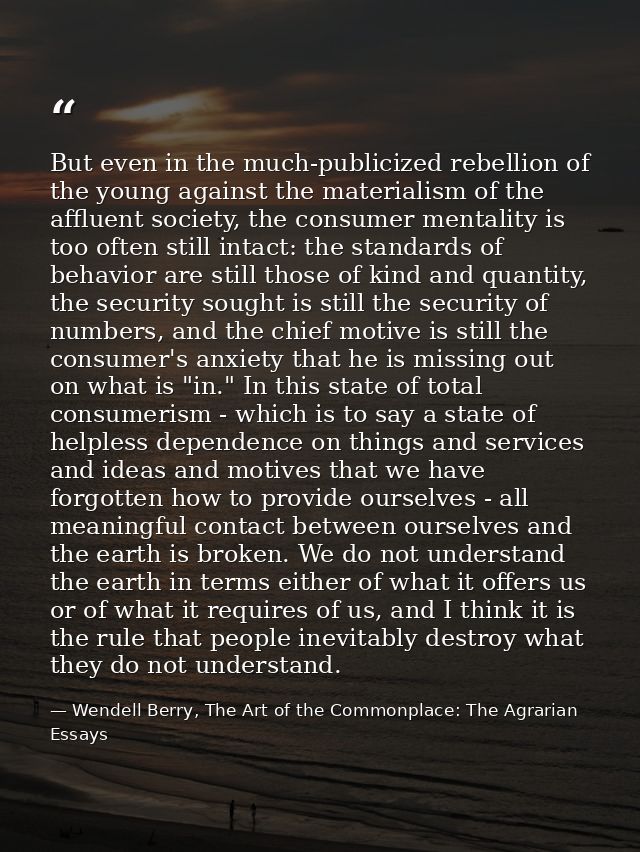 But even in the much-publicized rebellion of the young against the materialism of the affluent society, the consumer men — Wendell Berry, The Art of the Commonplace: The Agrarian Essays