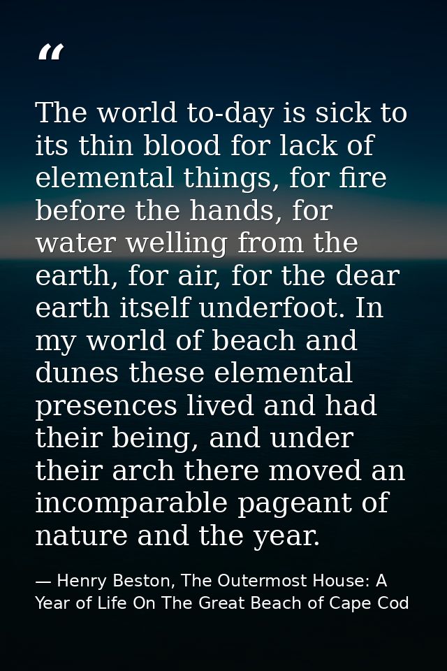The world to-day is sick to its thin blood for lack of elemental things, for fire before the hands, for water welling fr — Henry Beston, The Outermost House: A Year of Life On The Great Beach of Cape Cod