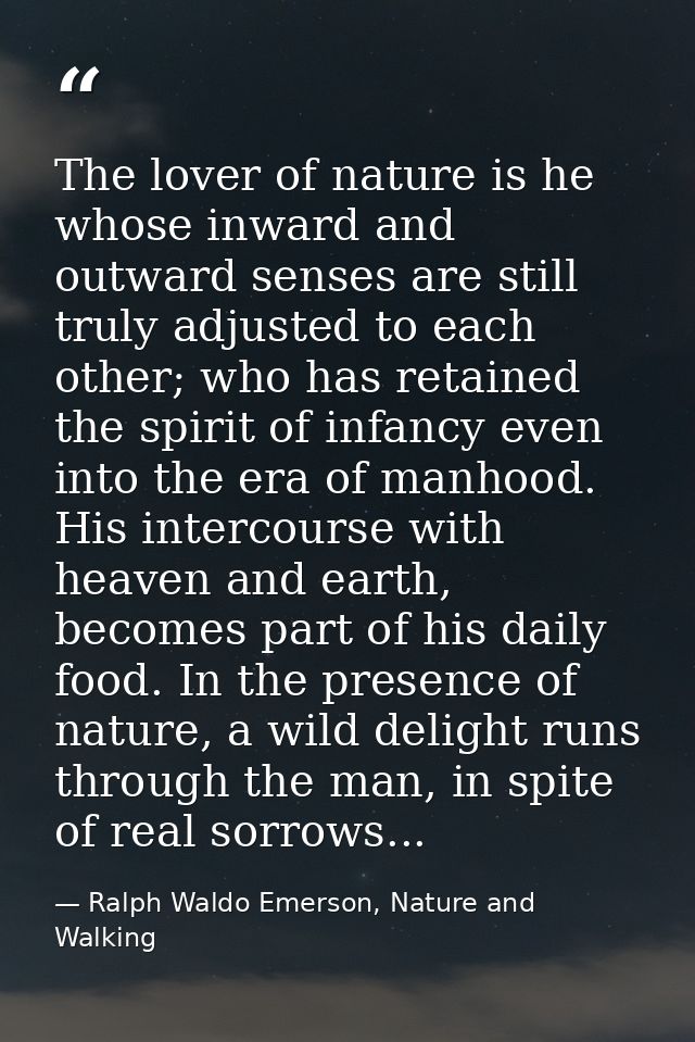 The lover of nature is he whose inward and outward senses are still truly adjusted to each other; who has retained the s — Ralph Waldo Emerson, Nature and Walking