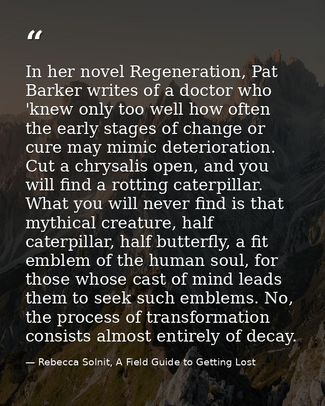 In her novel Regeneration, Pat Barker writes of a doctor who 'knew only too well how often the early stages of change or — Rebecca Solnit, A Field Guide to Getting Lost
