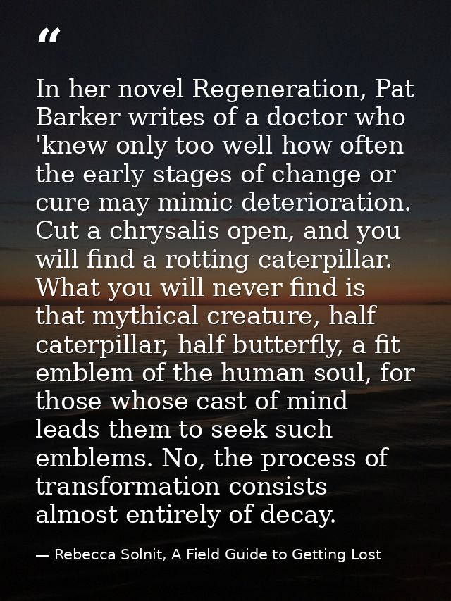 In her novel Regeneration, Pat Barker writes of a doctor who 'knew only too well how often the early stages of change or — Rebecca Solnit, A Field Guide to Getting Lost