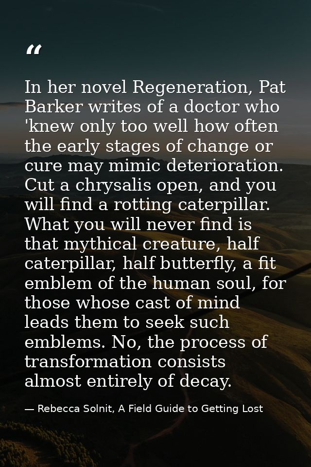 In her novel Regeneration, Pat Barker writes of a doctor who 'knew only too well how often the early stages of change or — Rebecca Solnit, A Field Guide to Getting Lost