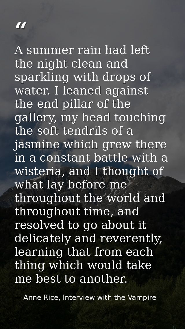 A summer rain had left the night clean and sparkling with drops of water. I leaned against the end pillar of the gallery — Anne Rice, Interview with the Vampire