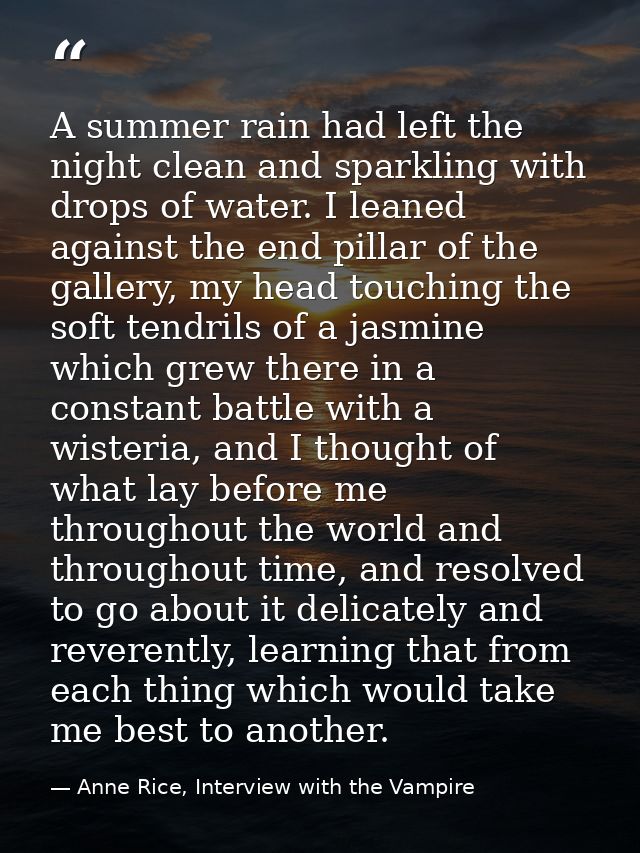 A summer rain had left the night clean and sparkling with drops of water. I leaned against the end pillar of the gallery — Anne Rice, Interview with the Vampire