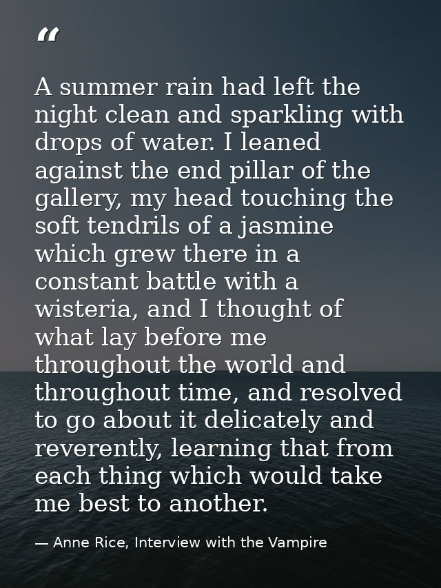A summer rain had left the night clean and sparkling with drops of water. I leaned against the end pillar of the gallery — Anne Rice, Interview with the Vampire
