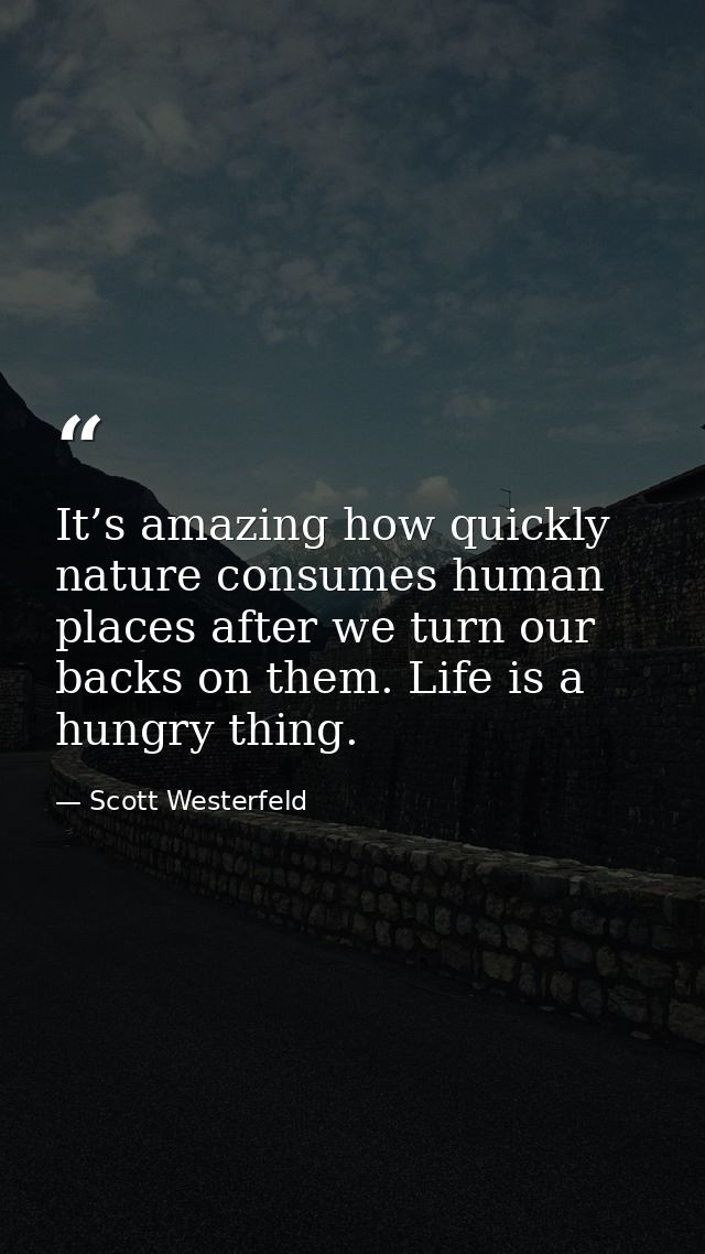 It’s amazing how quickly nature consumes human places after we turn our backs on them. Life is a hungry thing. — Scott Westerfeld