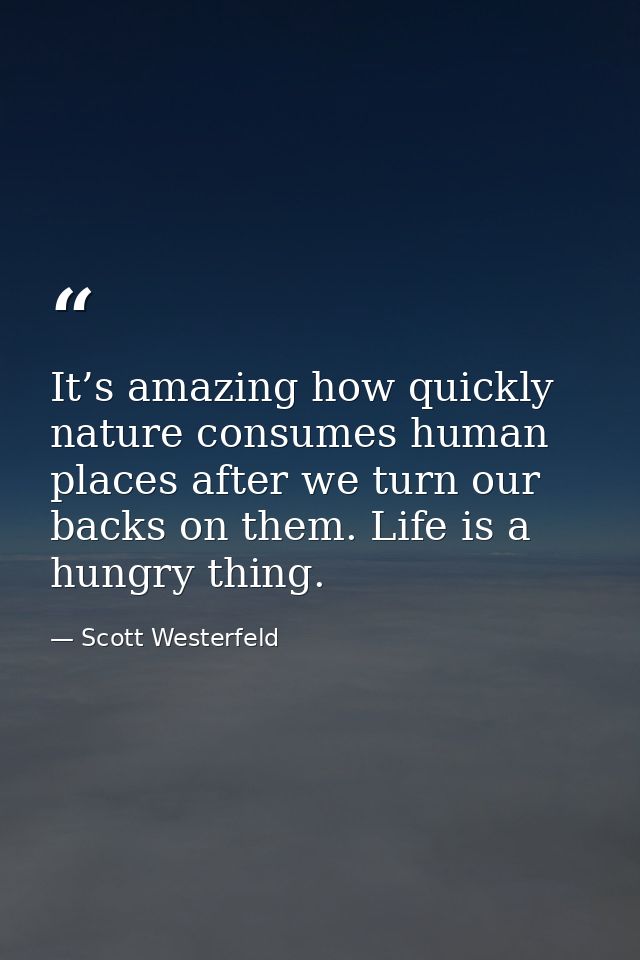 It’s amazing how quickly nature consumes human places after we turn our backs on them. Life is a hungry thing. — Scott Westerfeld