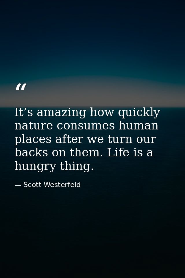 It’s amazing how quickly nature consumes human places after we turn our backs on them. Life is a hungry thing. — Scott Westerfeld