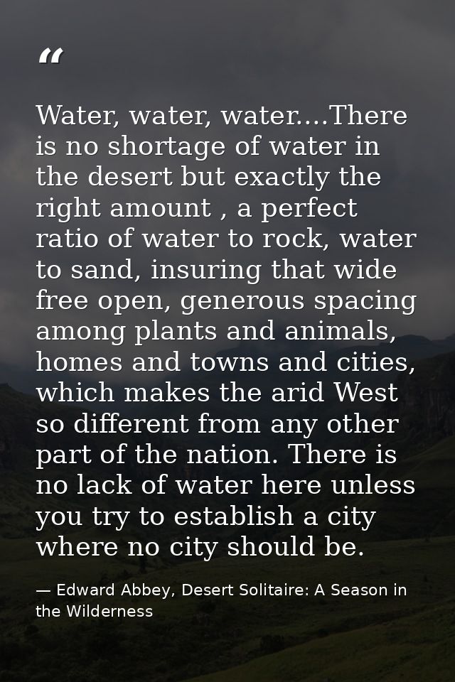 Water, water, water....There is no shortage of water in the desert but exactly the right amount , a perfect ratio of wat — Edward Abbey, Desert Solitaire: A Season in the Wilderness