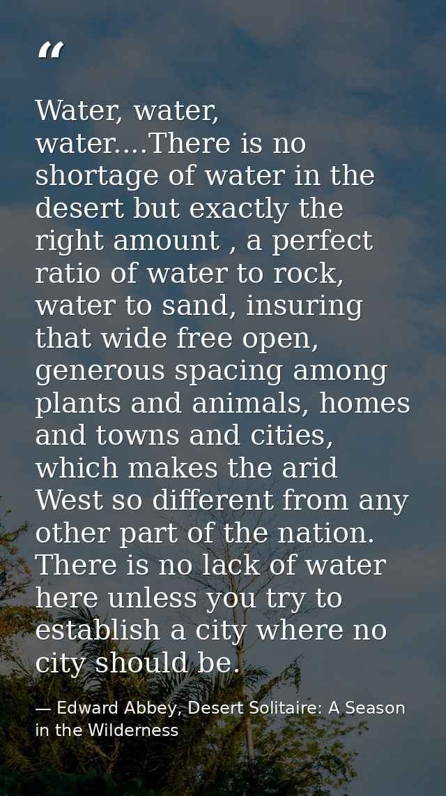 Water, water, water....There is no shortage of water in the desert but exactly the right amount , a perfect ratio of wat — Edward Abbey, Desert Solitaire: A Season in the Wilderness