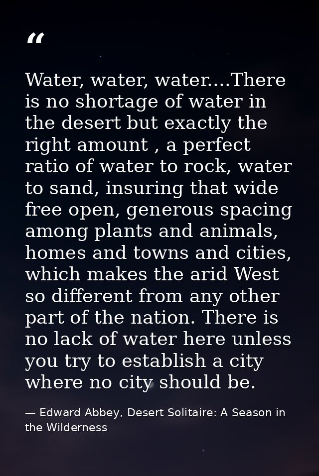Water, water, water....There is no shortage of water in the desert but exactly the right amount , a perfect ratio of wat — Edward Abbey, Desert Solitaire: A Season in the Wilderness