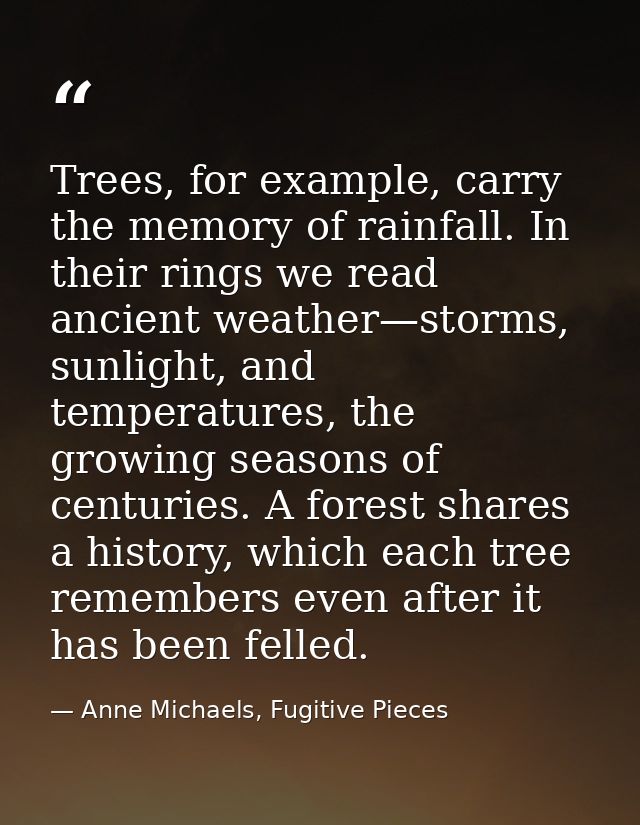 Trees, for example, carry the memory of rainfall. In their rings we read ancient weather—storms, sunlight, and temperatu — Anne Michaels, Fugitive Pieces