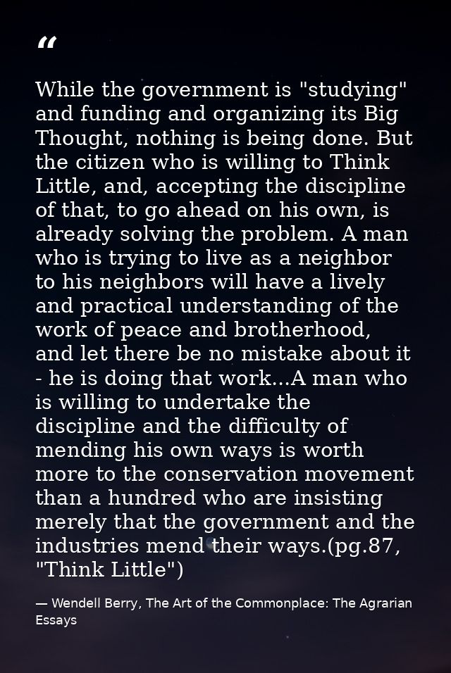 While the government is "studying" and funding and organizing its Big Thought, nothing is being done. But the citizen wh — Wendell Berry, The Art of the Commonplace: The Agrarian Essays