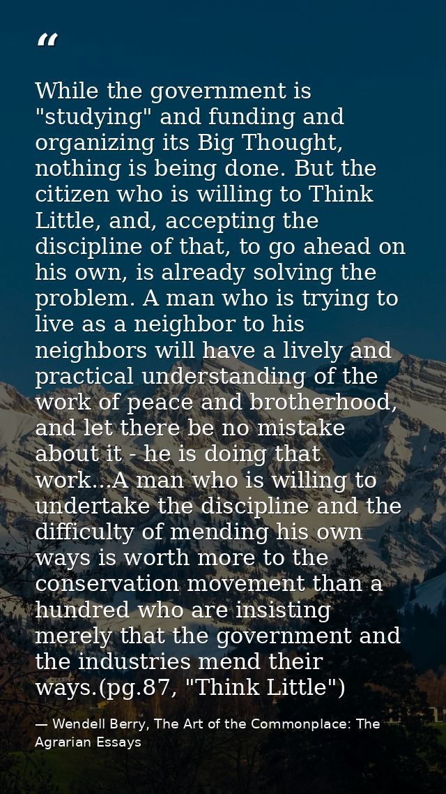 While the government is "studying" and funding and organizing its Big Thought, nothing is being done. But the citizen wh — Wendell Berry, The Art of the Commonplace: The Agrarian Essays