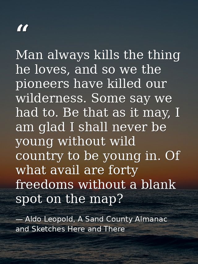 Man always kills the thing he loves, and so we the pioneers have killed our wilderness. Some say we had to. Be that as i — Aldo Leopold, A Sand County Almanac and Sketches Here and There