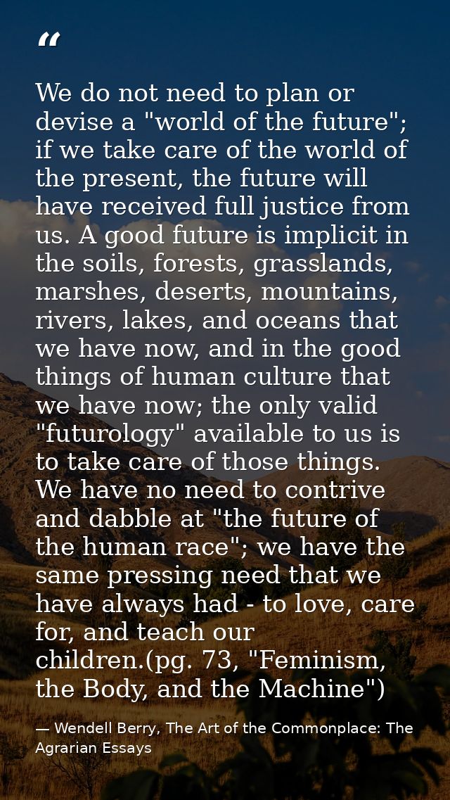 We do not need to plan or devise a "world of the future"; if we take care of the world of the present, the future will h — Wendell Berry, The Art of the Commonplace: The Agrarian Essays