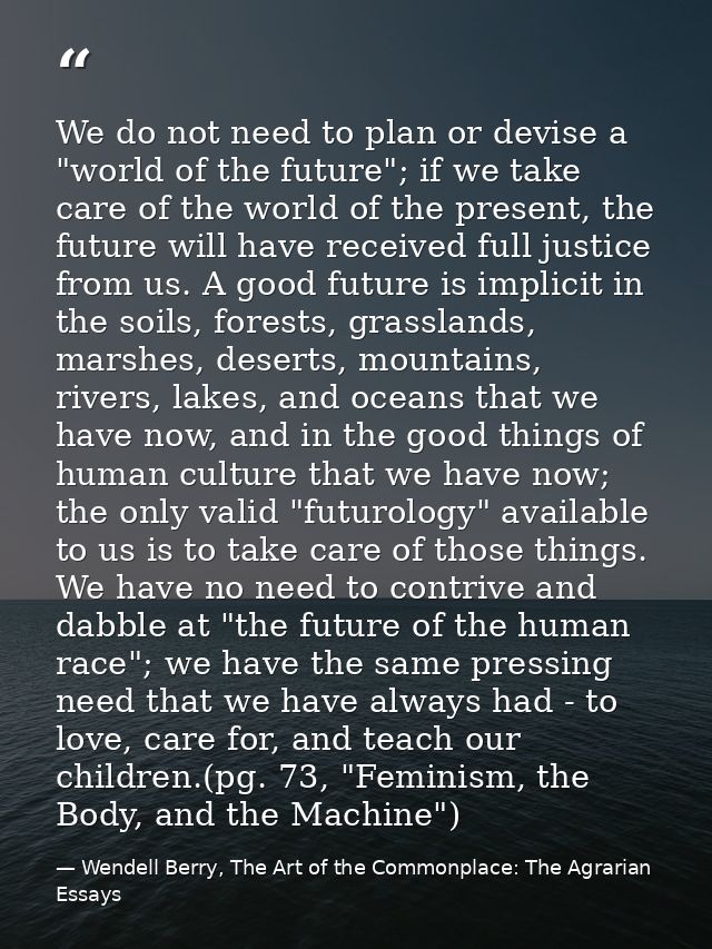 We do not need to plan or devise a "world of the future"; if we take care of the world of the present, the future will h — Wendell Berry, The Art of the Commonplace: The Agrarian Essays