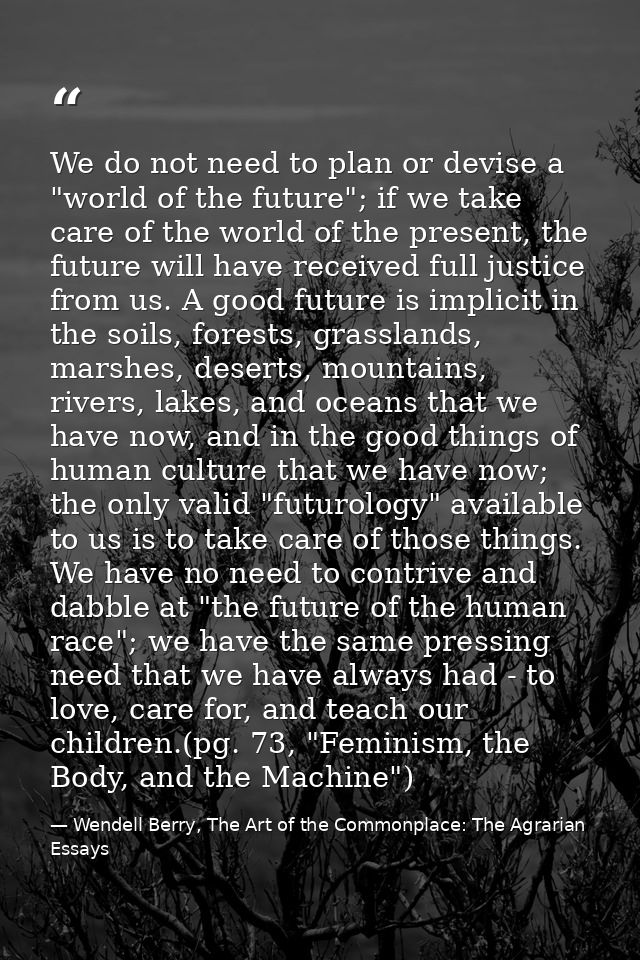 We do not need to plan or devise a "world of the future"; if we take care of the world of the present, the future will h — Wendell Berry, The Art of the Commonplace: The Agrarian Essays