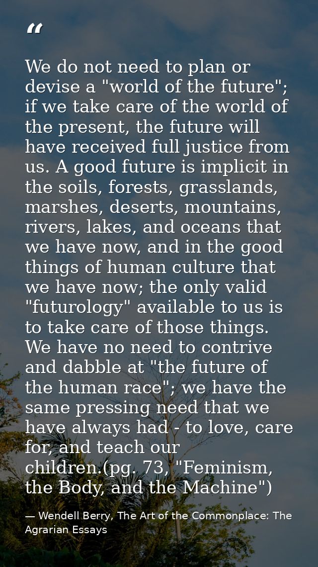 We do not need to plan or devise a "world of the future"; if we take care of the world of the present, the future will h — Wendell Berry, The Art of the Commonplace: The Agrarian Essays