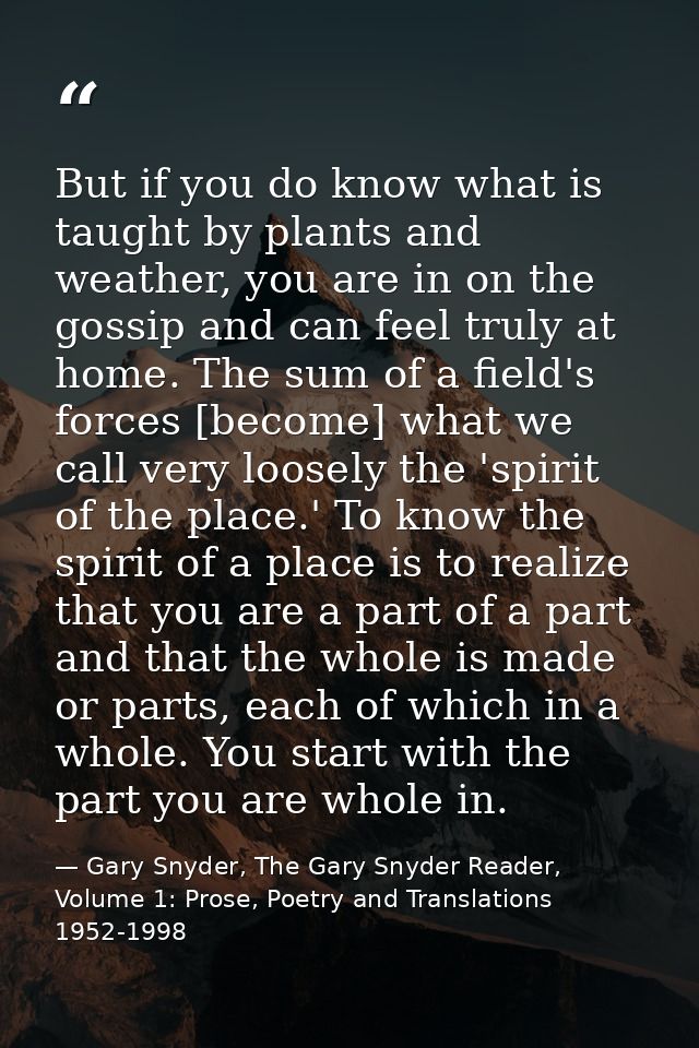 But if you do know what is taught by plants and weather, you are in on the gossip and can feel truly at home. The sum of — Gary Snyder, The Gary Snyder Reader, Volume 1: Prose, Poetry and Translations 1952-1998