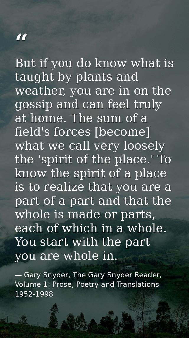 But if you do know what is taught by plants and weather, you are in on the gossip and can feel truly at home. The sum of — Gary Snyder, The Gary Snyder Reader, Volume 1: Prose, Poetry and Translations 1952-1998
