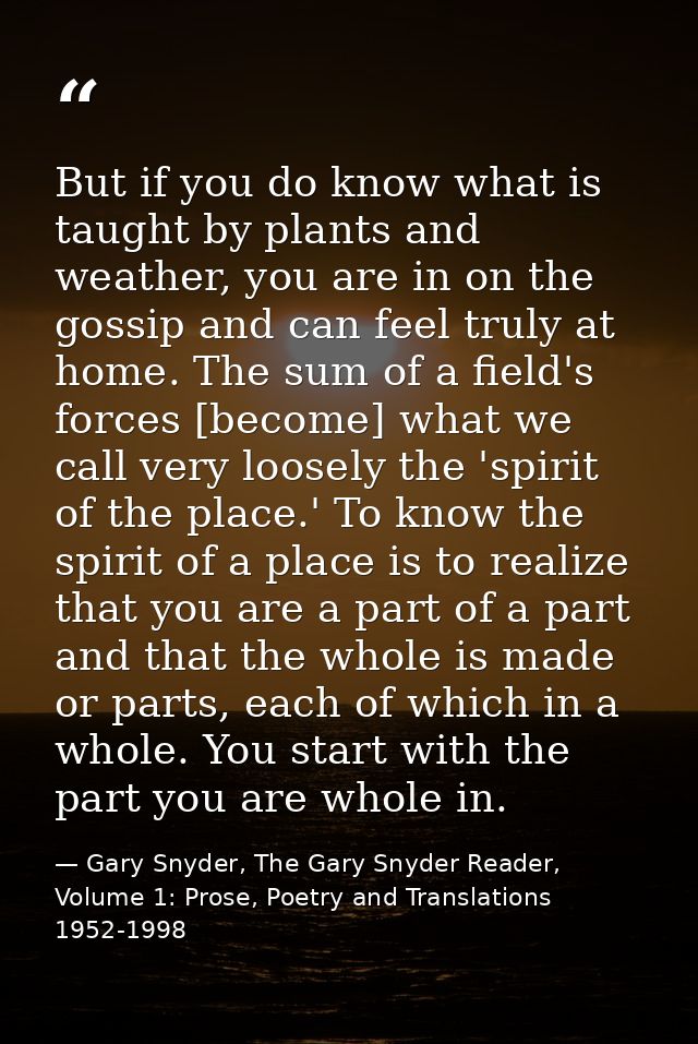 But if you do know what is taught by plants and weather, you are in on the gossip and can feel truly at home. The sum of — Gary Snyder, The Gary Snyder Reader, Volume 1: Prose, Poetry and Translations 1952-1998