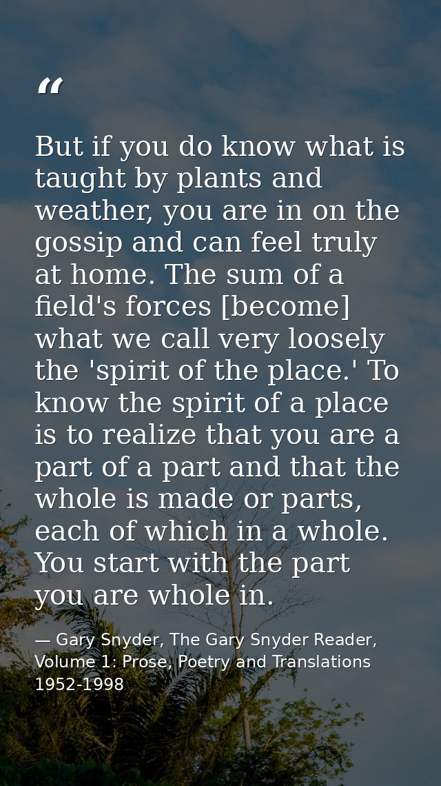 But if you do know what is taught by plants and weather, you are in on the gossip and can feel truly at home. The sum of — Gary Snyder, The Gary Snyder Reader, Volume 1: Prose, Poetry and Translations 1952-1998