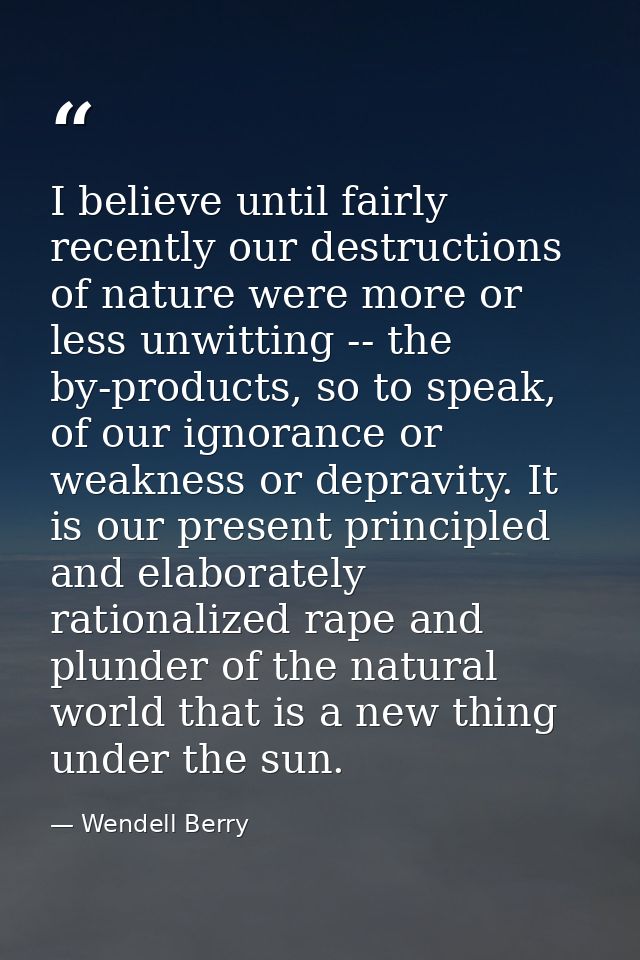 I believe until fairly recently our destructions of nature were more or less unwitting -- the by-products, so to speak,  — Wendell Berry