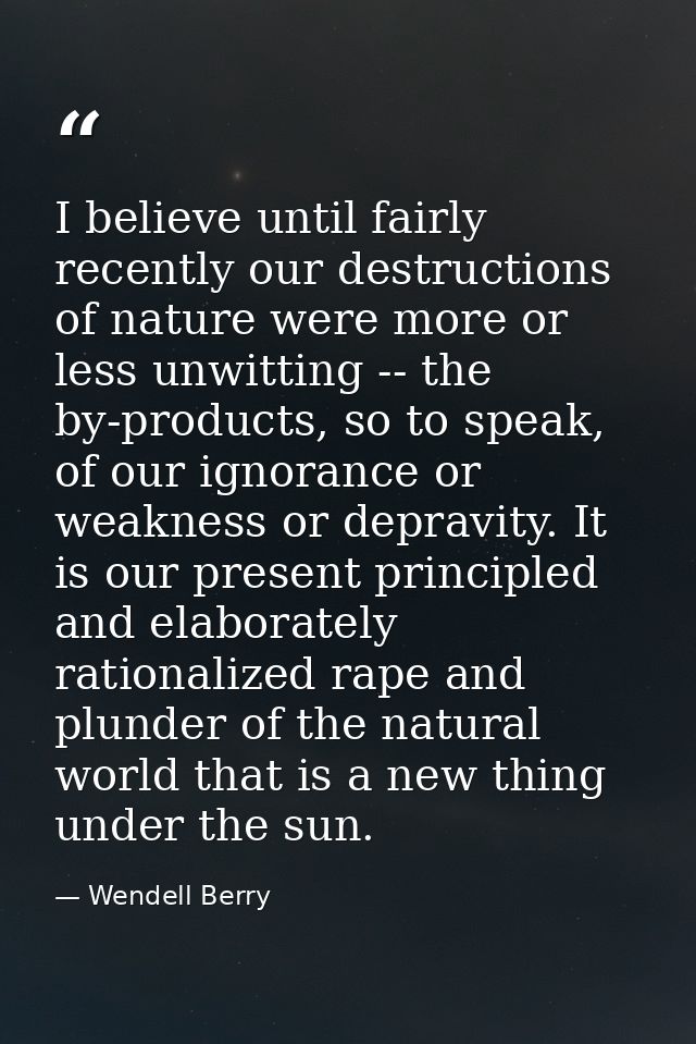 I believe until fairly recently our destructions of nature were more or less unwitting -- the by-products, so to speak,  — Wendell Berry