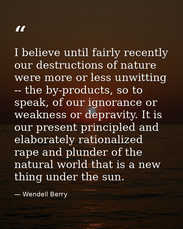 I believe until fairly recently our destructions of nature were more or less unwitting -- the by-products, so to speak,  — Wendell Berry