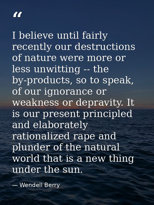 I believe until fairly recently our destructions of nature were more or less unwitting -- the by-products, so to speak,  — Wendell Berry