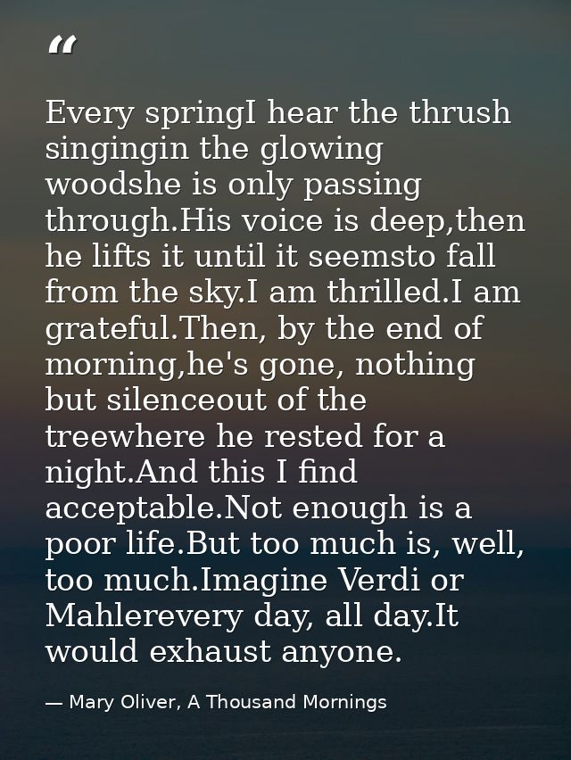Every springI hear the thrush singingin the glowing woodshe is only passing through.His voice is deep,then he lifts it u — Mary Oliver, A Thousand Mornings