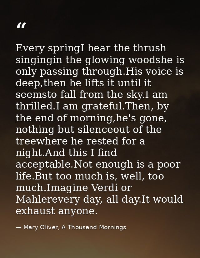 Every springI hear the thrush singingin the glowing woodshe is only passing through.His voice is deep,then he lifts it u — Mary Oliver, A Thousand Mornings
