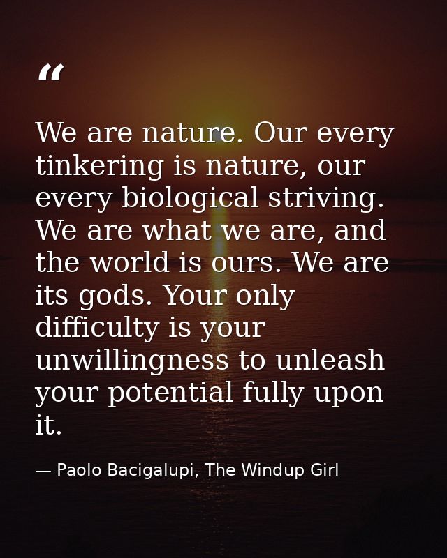 We are nature. Our every tinkering is nature, our every biological striving. We are what we are, and the world is ours.  — Paolo Bacigalupi, The Windup Girl