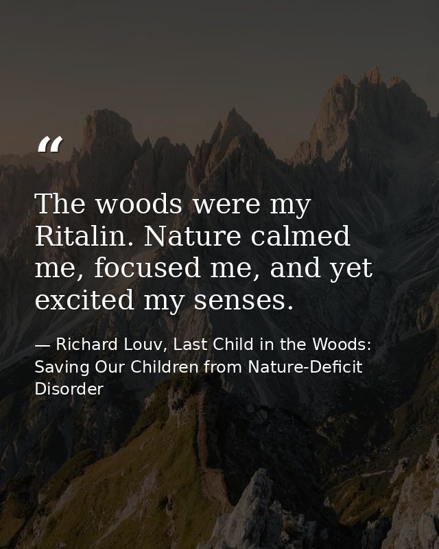 The woods were my Ritalin. Nature calmed me, focused me, and yet excited my senses. — Richard Louv, Last Child in the Woods: Saving Our Children from Nature-Deficit Disorder