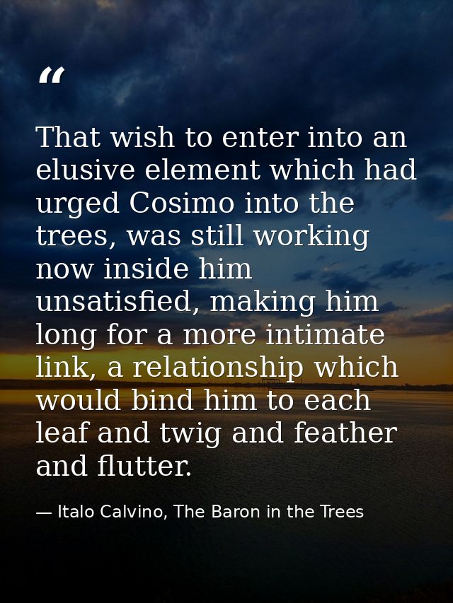 That wish to enter into an elusive element which had urged Cosimo into the trees, was still working now inside him unsat — Italo Calvino, The Baron in the Trees
