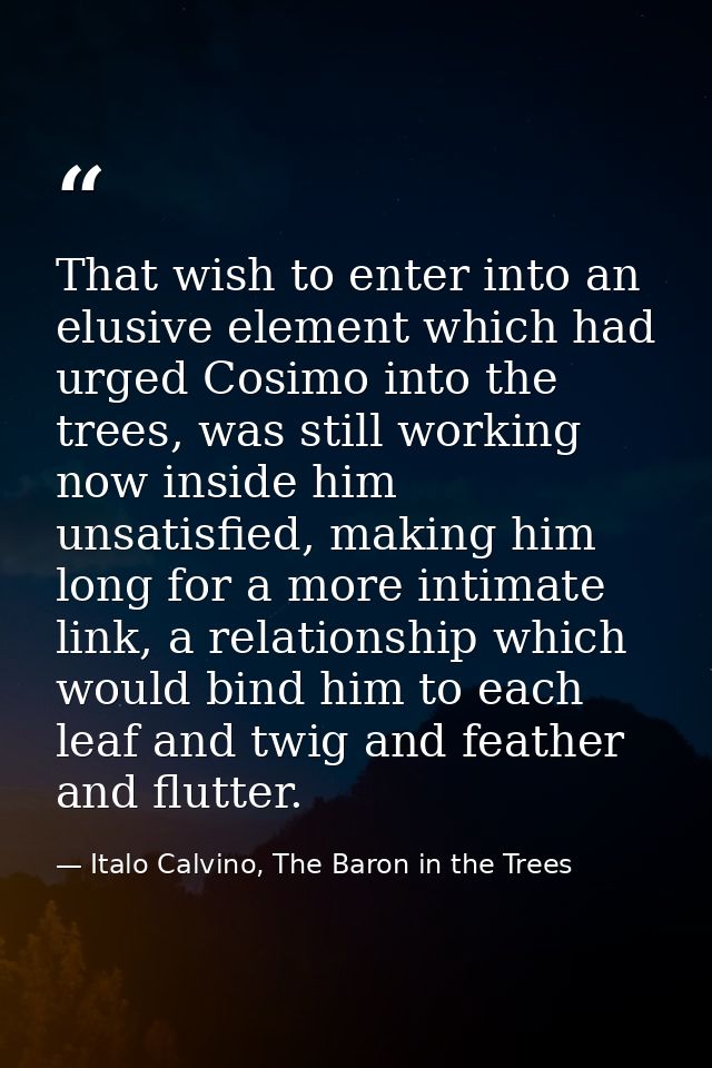 That wish to enter into an elusive element which had urged Cosimo into the trees, was still working now inside him unsat — Italo Calvino, The Baron in the Trees
