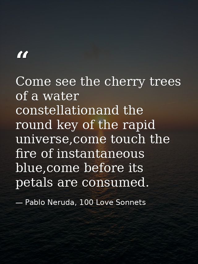 Come see the cherry trees of a water constellationand the round key of the rapid universe,come touch the fire of instant — Pablo Neruda, 100 Love Sonnets