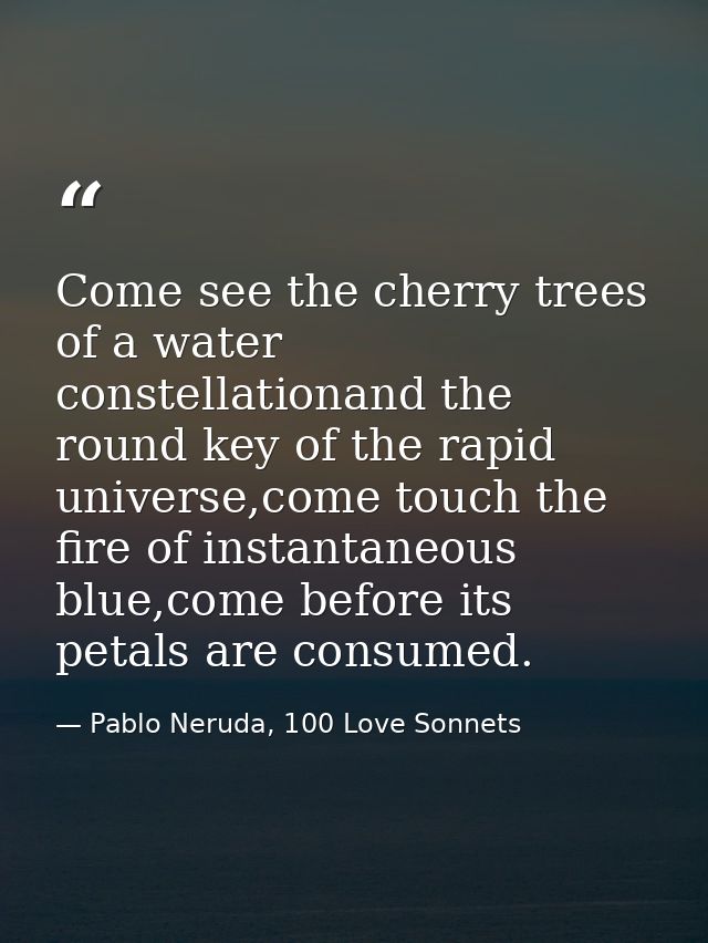 Come see the cherry trees of a water constellationand the round key of the rapid universe,come touch the fire of instant — Pablo Neruda, 100 Love Sonnets