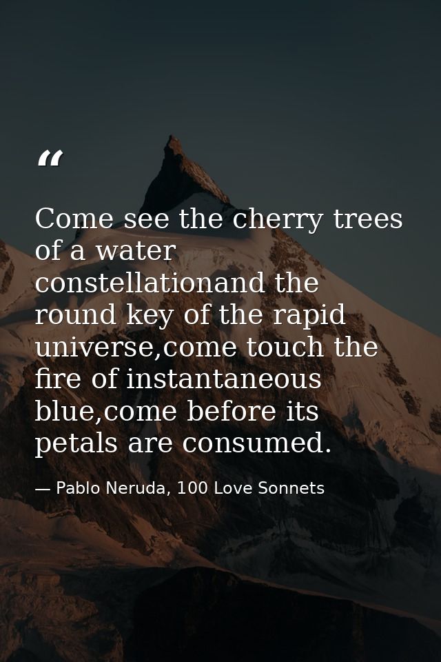 Come see the cherry trees of a water constellationand the round key of the rapid universe,come touch the fire of instant — Pablo Neruda, 100 Love Sonnets